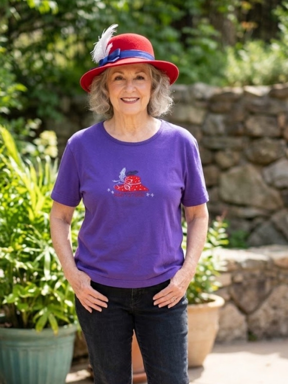 Purple Women Red Hat Short Sleeve Graphic Tee - Unbranded
